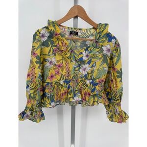 Coco‎ Cabana Yellow Floral Ruffle Trim Long Sleeve Crop Top Womens L